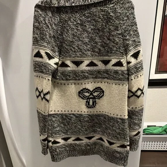 TNA Lambswool Graphic Cardigan Sweater Gray Cream Black Women's L - Picture 5 of 5